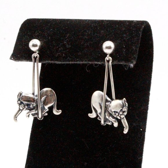 Sterling Silver Contemporary Cat Long Dangle Post Back Earrings - Picture 4 of 7